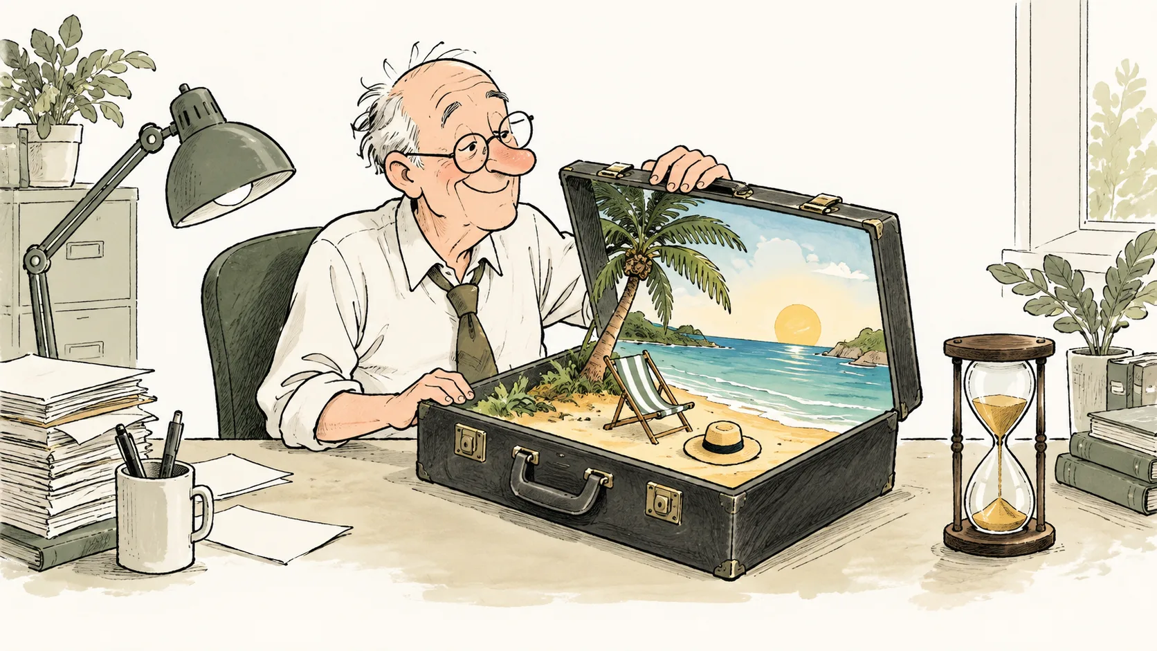 KI-Illustration zum Thema: Rente mit 89: Arbeitgeber bietet schon mal Homeoffice auf dem Friedhof an