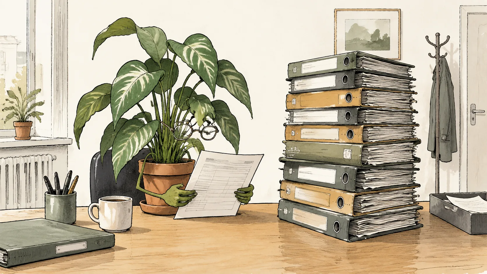 KI-Illustration zum Thema: Büro-Ficus beantragt Rente: Hat seit 1981 jedes Meeting mitgemacht