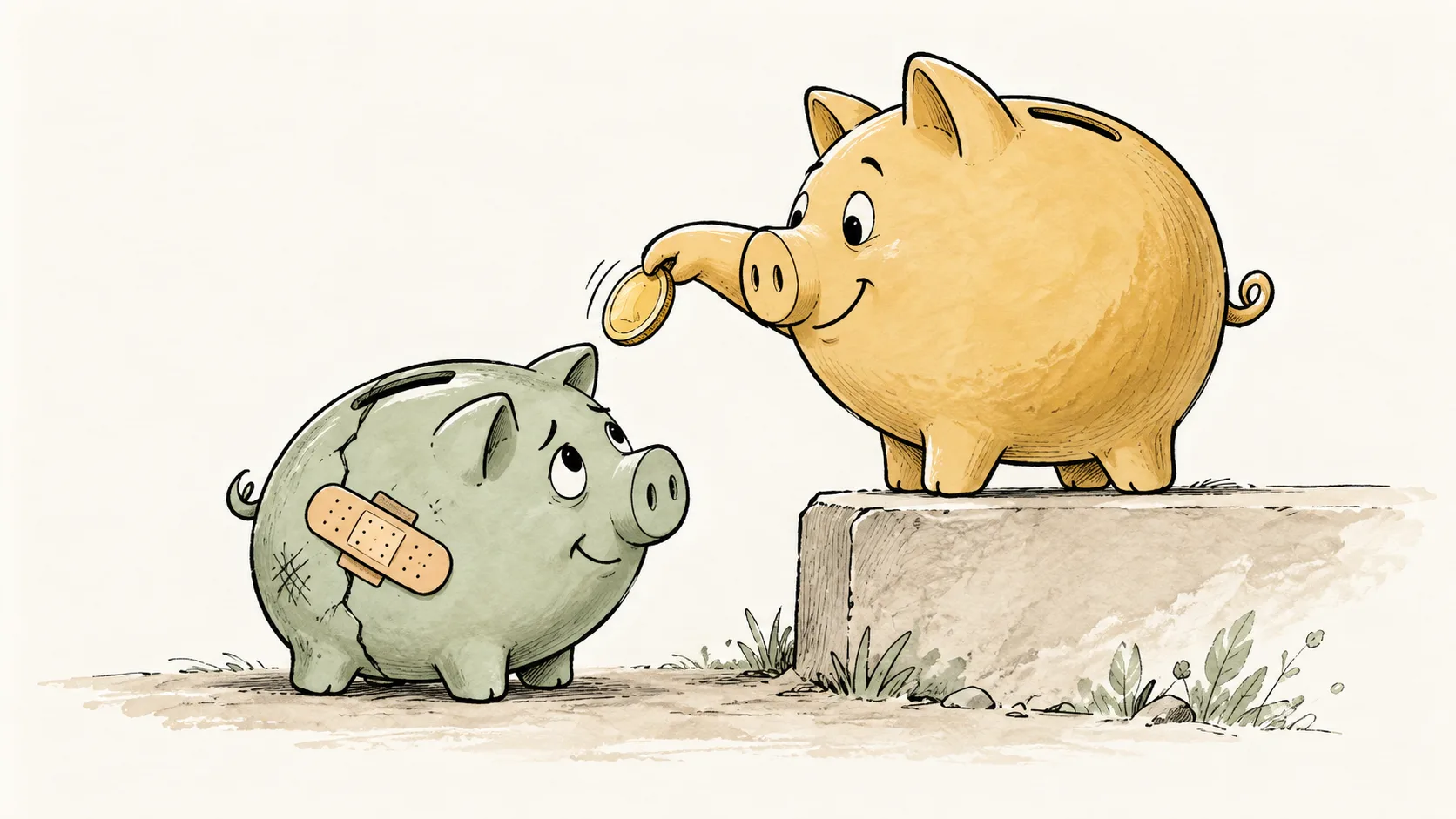 KI-Illustration zum Thema: Pflegekasse bekommt Spardose. Spardose beantragt sofort Pflegegrad