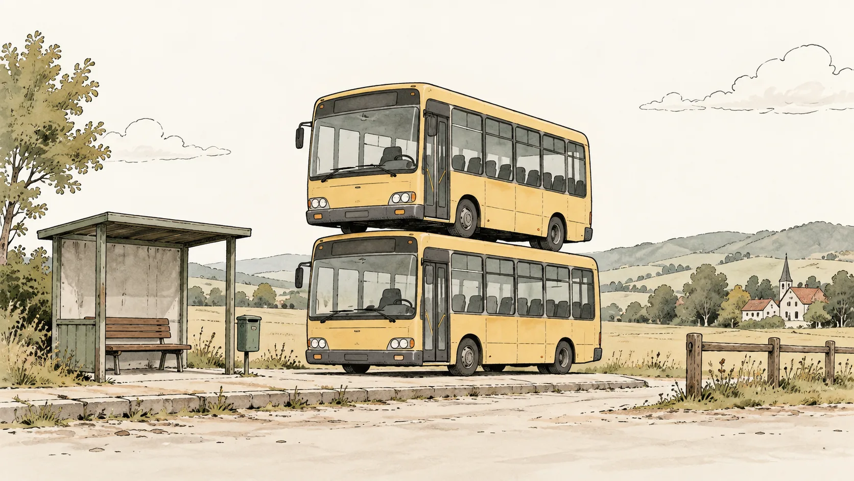 KI-Illustration zum Thema: Ersatzbus fällt aus: Bahn setzt Ersatzbus für den Ersatzbus ein