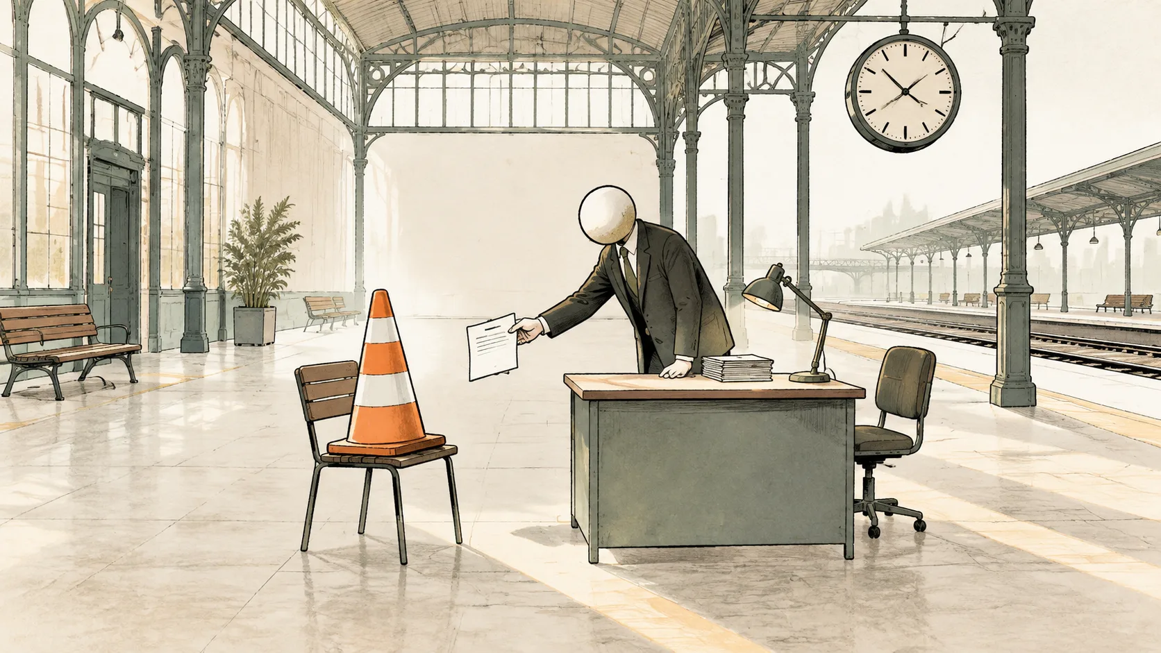 KI-Illustration zum Thema: Baustellenkegel bekommt Festanstellung: Ist länger am Bahnhof als alle Mitarbeiter