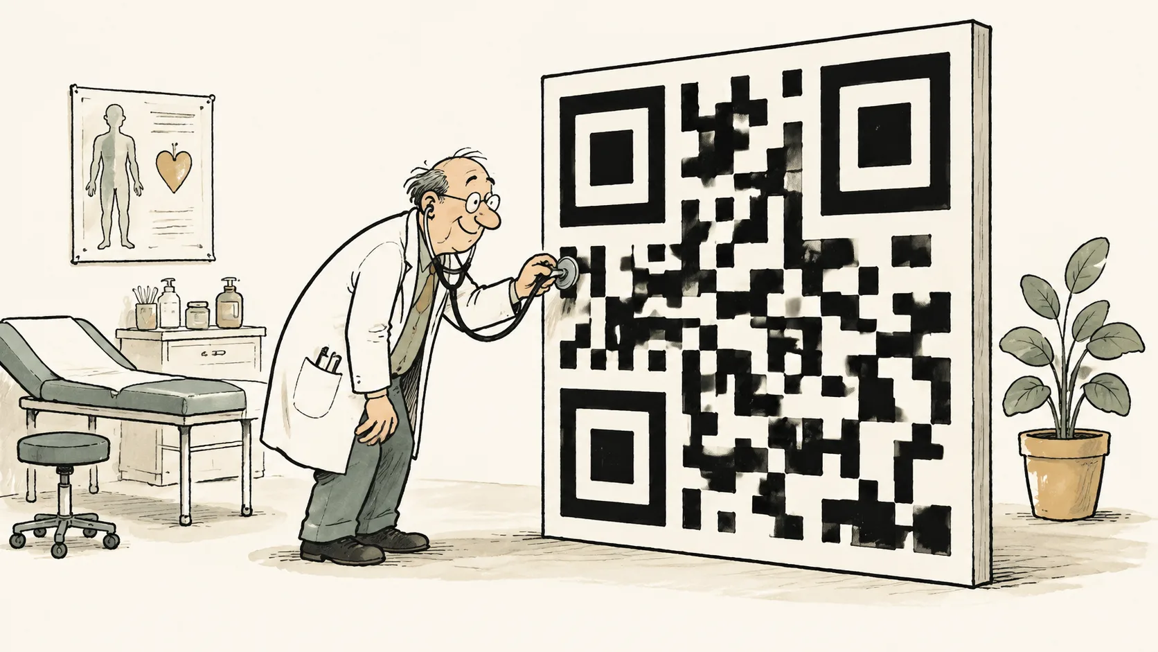 KI-Illustration zum Thema: Digitale Arztpraxis hört Patienten ab sofort per QR-Code ab