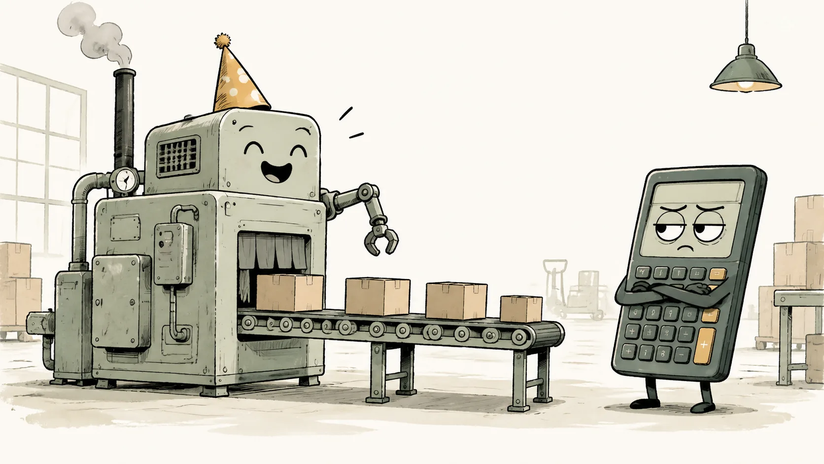 KI-Illustration zum Thema: Industrie produziert wieder mehr. Die Rechnungen leider auch